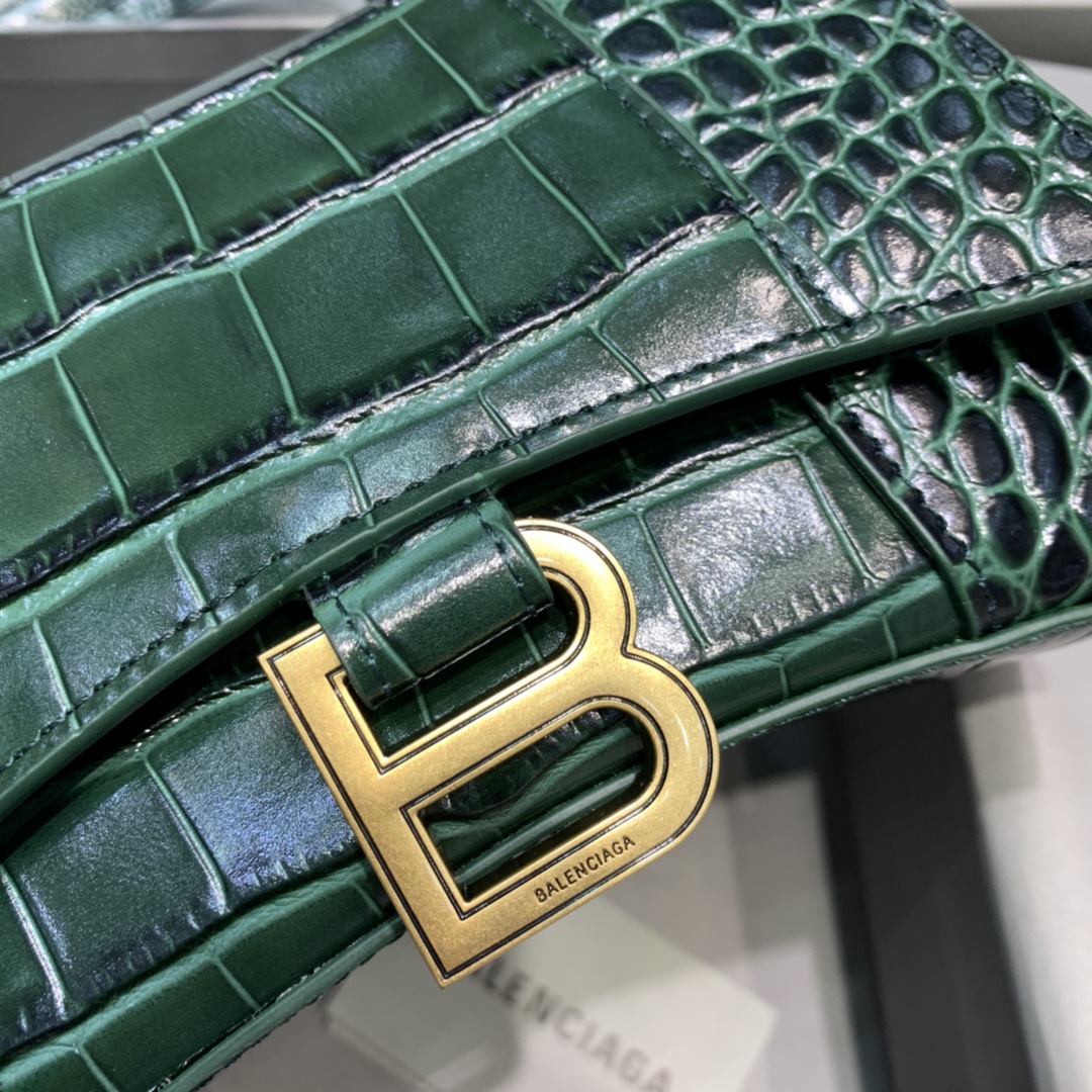 Balenciaga Hourglass XS Handbag Crocodile Embossed Shoulder Bag Dark Green